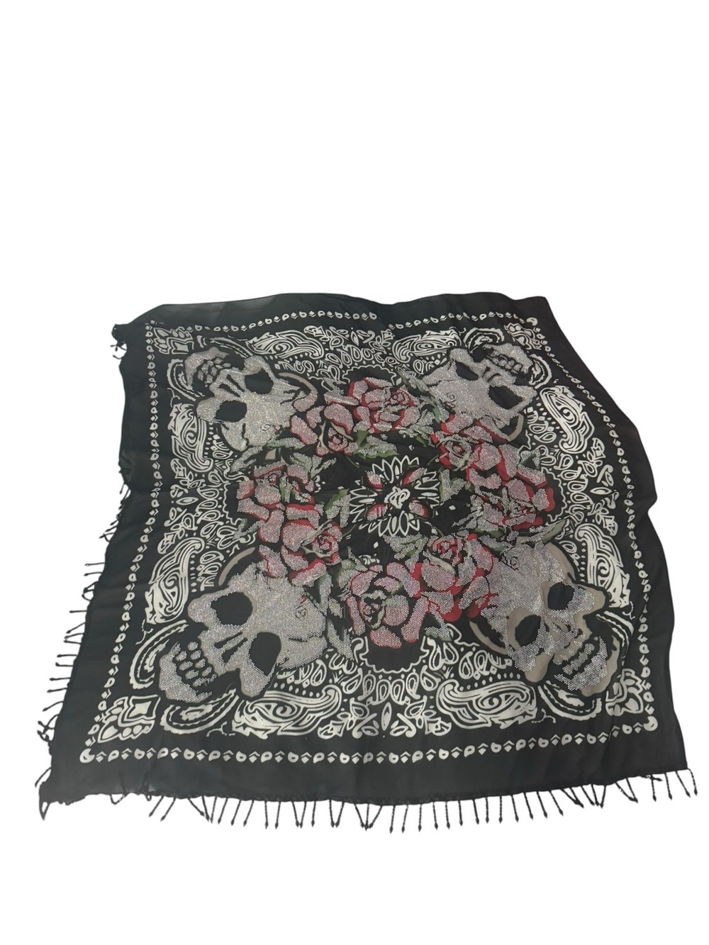 Black Skull & Rose Square Scarf - Women Accessories